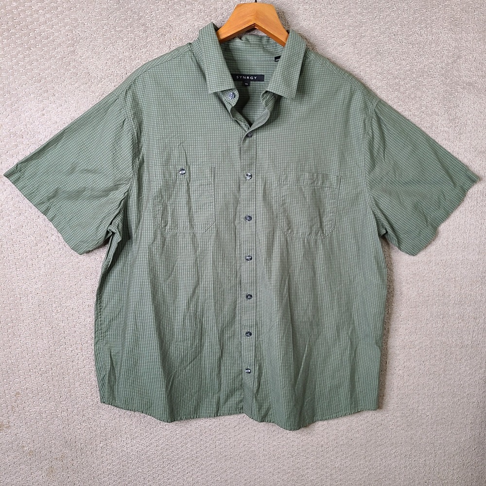 Synrgy Shirt Mens 1XL Green Check Button Down Cotton Short Sleeve Casual